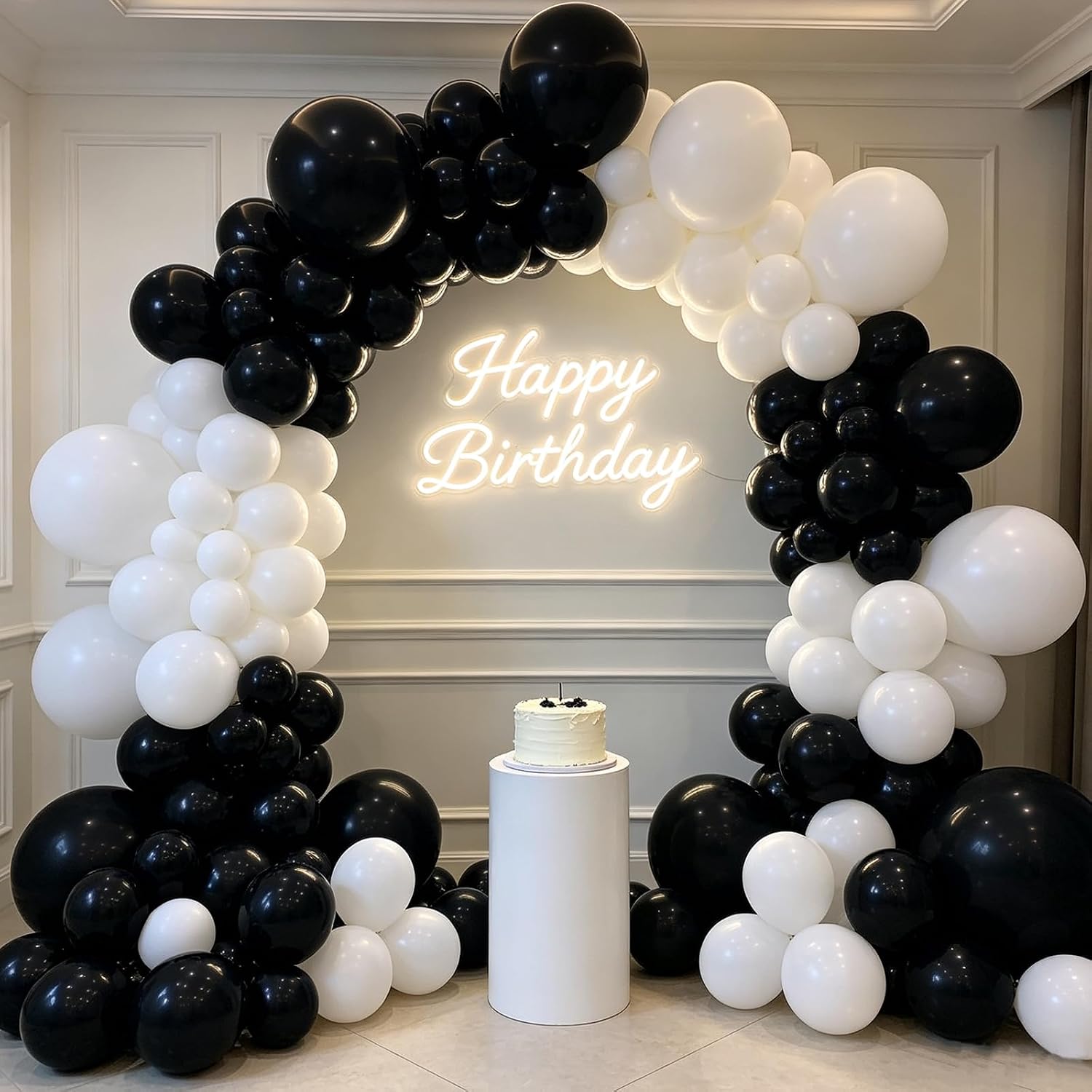 Event Launch Party - ชุดอุปกรณ์ทำซุ้มลูกโป่งลาเท็กซ์สีดำและสีขาว 136 ชิ้น - 4 ขนาด