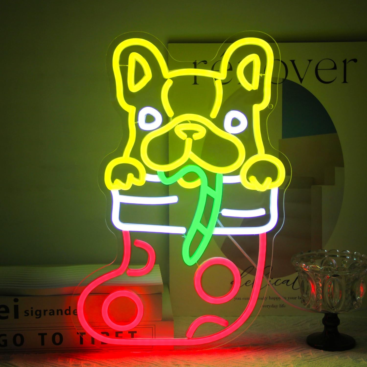 Neon Sign Party - ป้ายไฟนีออน LED รูปเฟรนช์บูลด็อก ถุงเท้าคริสต์มาส ใช้พลังงาน USB
